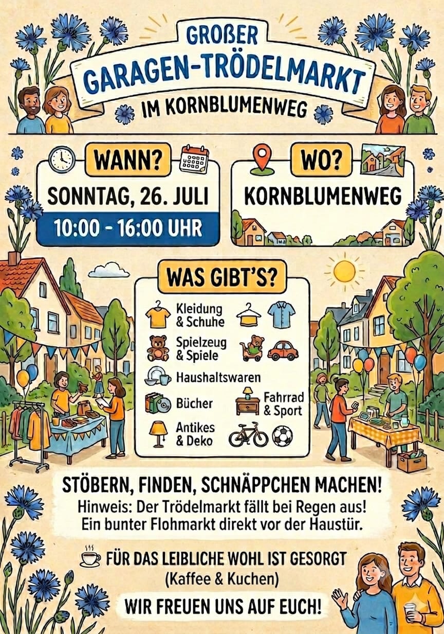 Flyer des Garagentrödelmarktes im Kornblumenweg