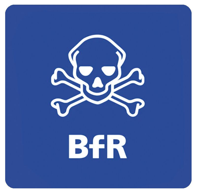 Outline-Illustratio eines weißen Totenkopfes und die Buchstaben BfR auf blauem Hintergrund