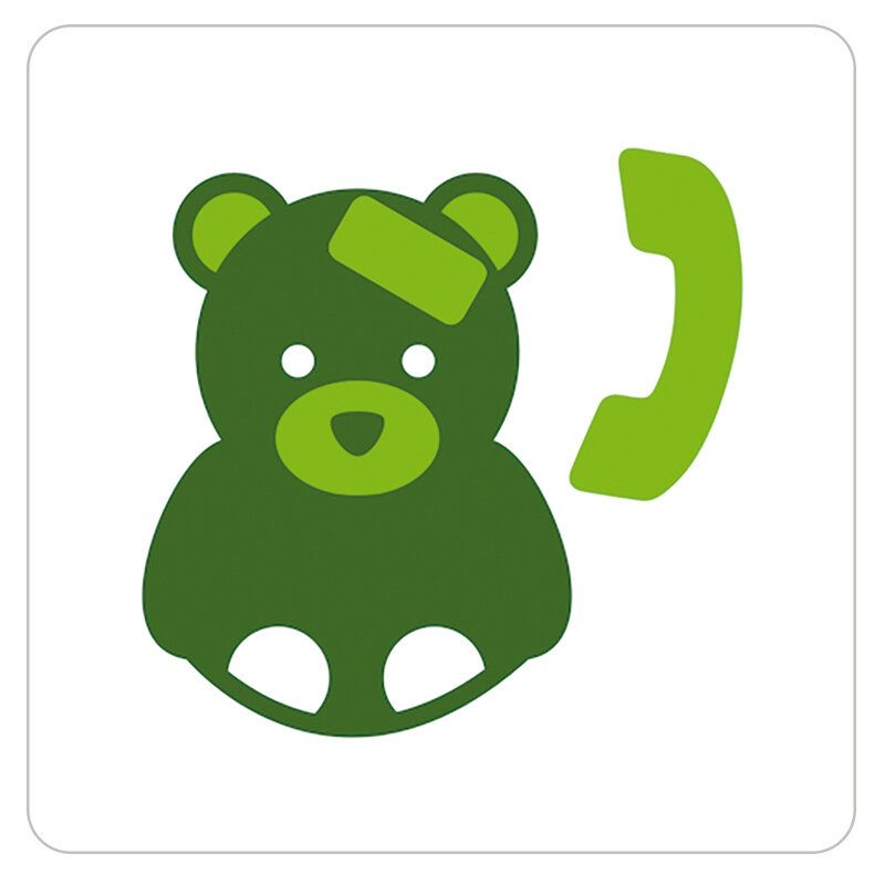 Illustration eines grünen Teddys, der ein Pflaster am Kopf hat, daneben ein grüner Telefonhörer