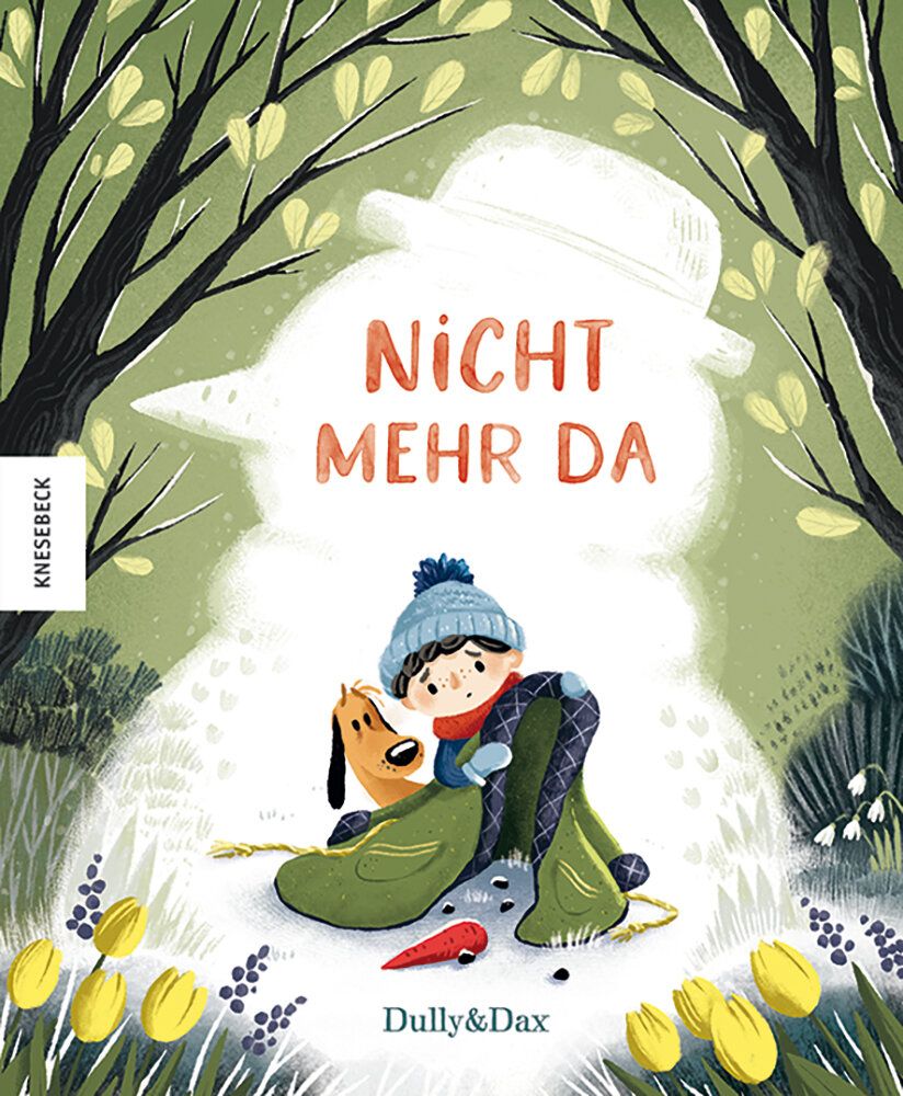 Cover des Buches Nicht mehr da, Illustration, ein Junge und ein Hund in einer Schneemannsilhouette