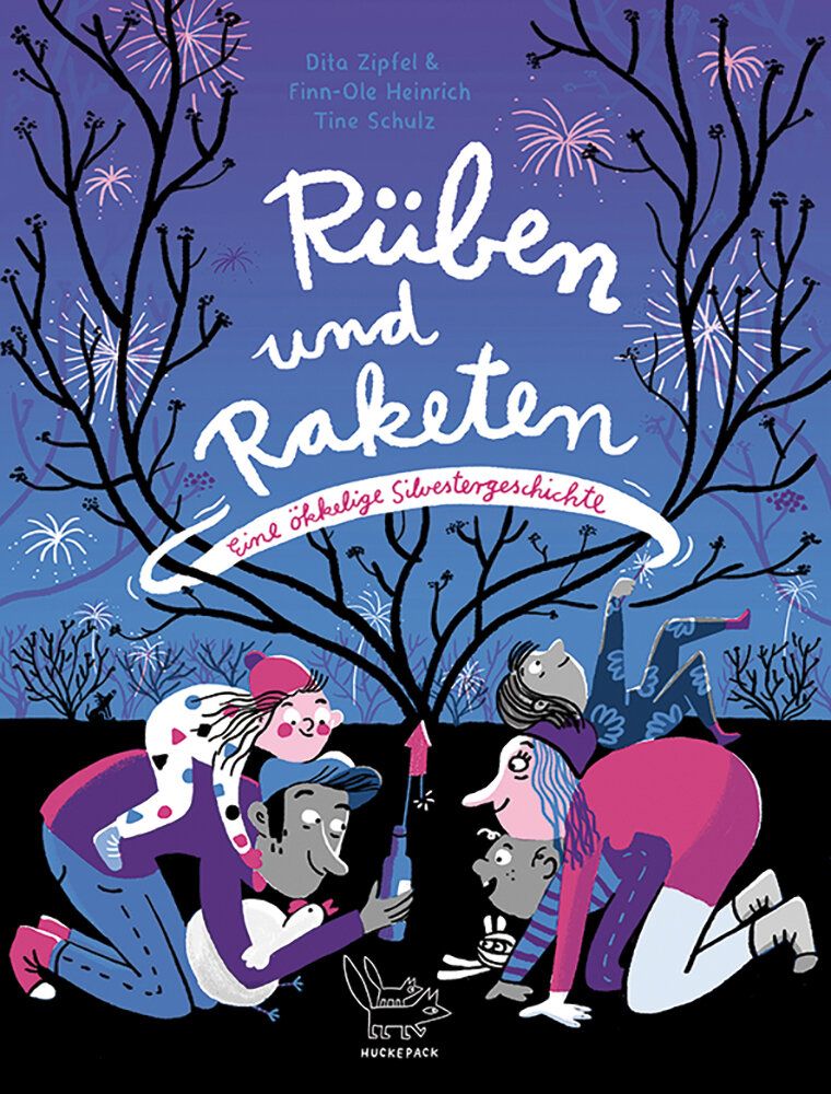 Cover des Buches Rüben und Raketen, Illustrationeiner familie die eine Silvesterrakete entzündet