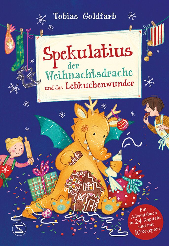 Cover des Buches Spekulatius der Weihnachtsdrache und das Lebkuchenwunder, Illsutration eines Drachens mit Lebkuchenhaus und Kindern