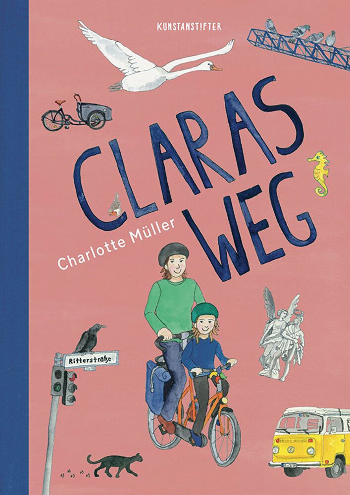 Titel des Buches Claras Weg, Illustrationen einem Kind mit Mutter auf dem Fahrrad, einem VW-Bus, einer Ampel und ähnlichen Objekten
