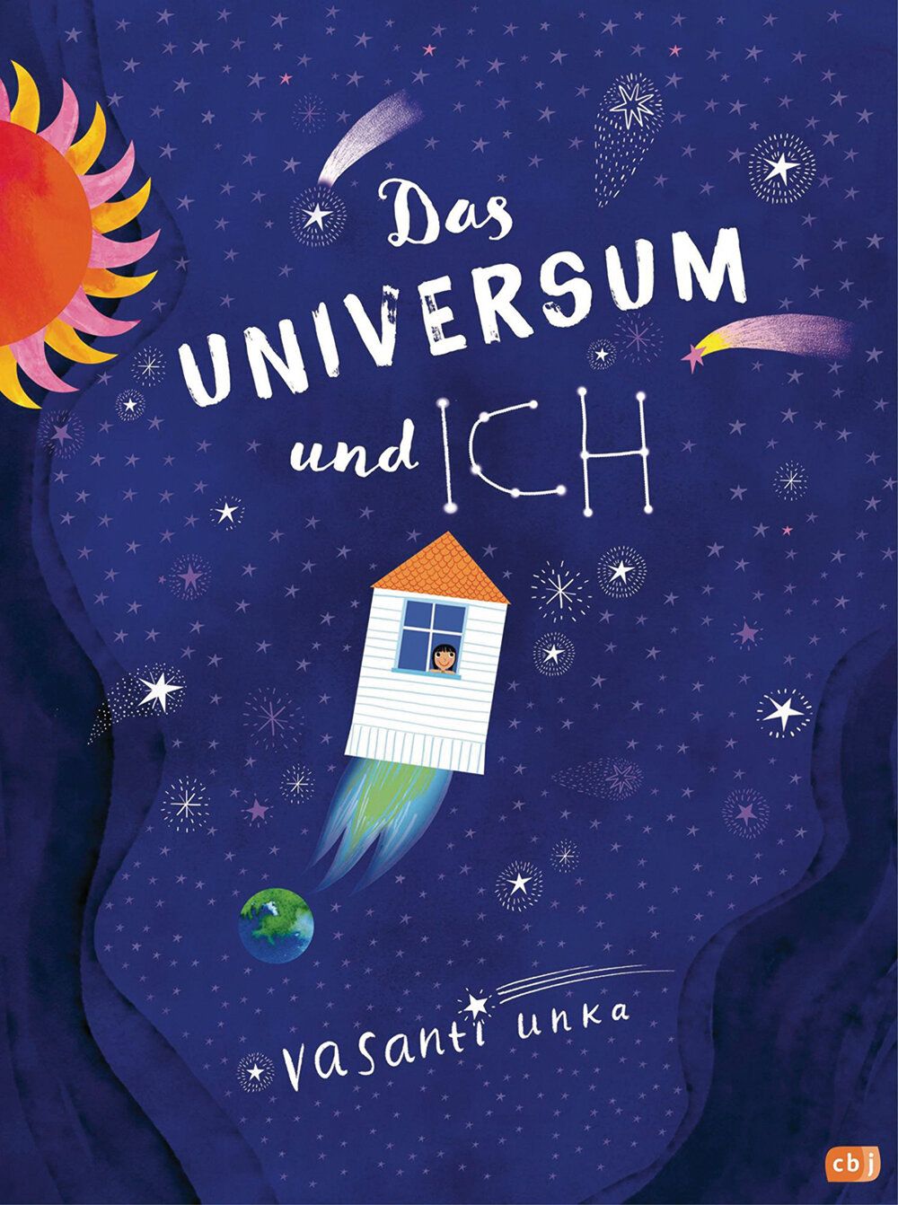 Illustration, kleines Haus fliegt durchs Weltall