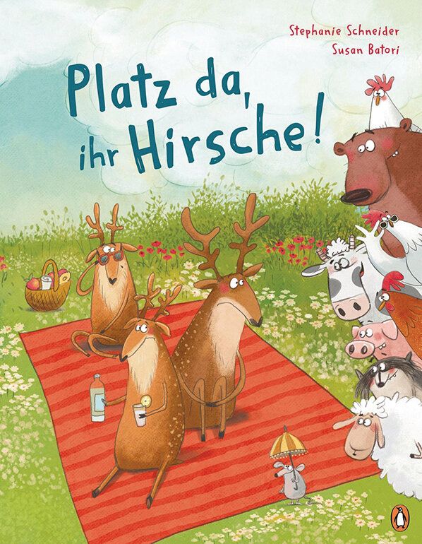 Illustraton, drei Hirsche sitzen auf einer Picknickdecke, Bauerhoftiere gucken von der Seite ins Format