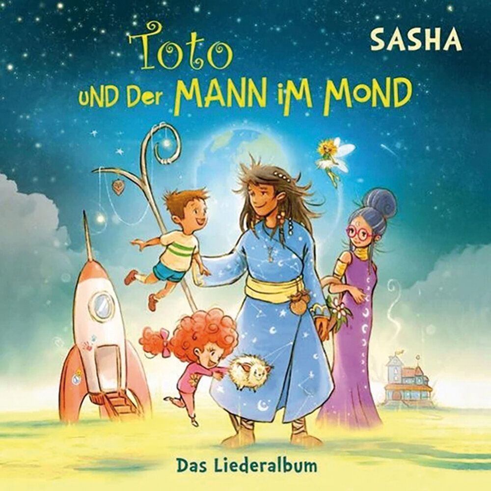 Illustration, märchenhafte Personen auf einem anderen Planeten, im Hintergund eine Rakete und Weltall