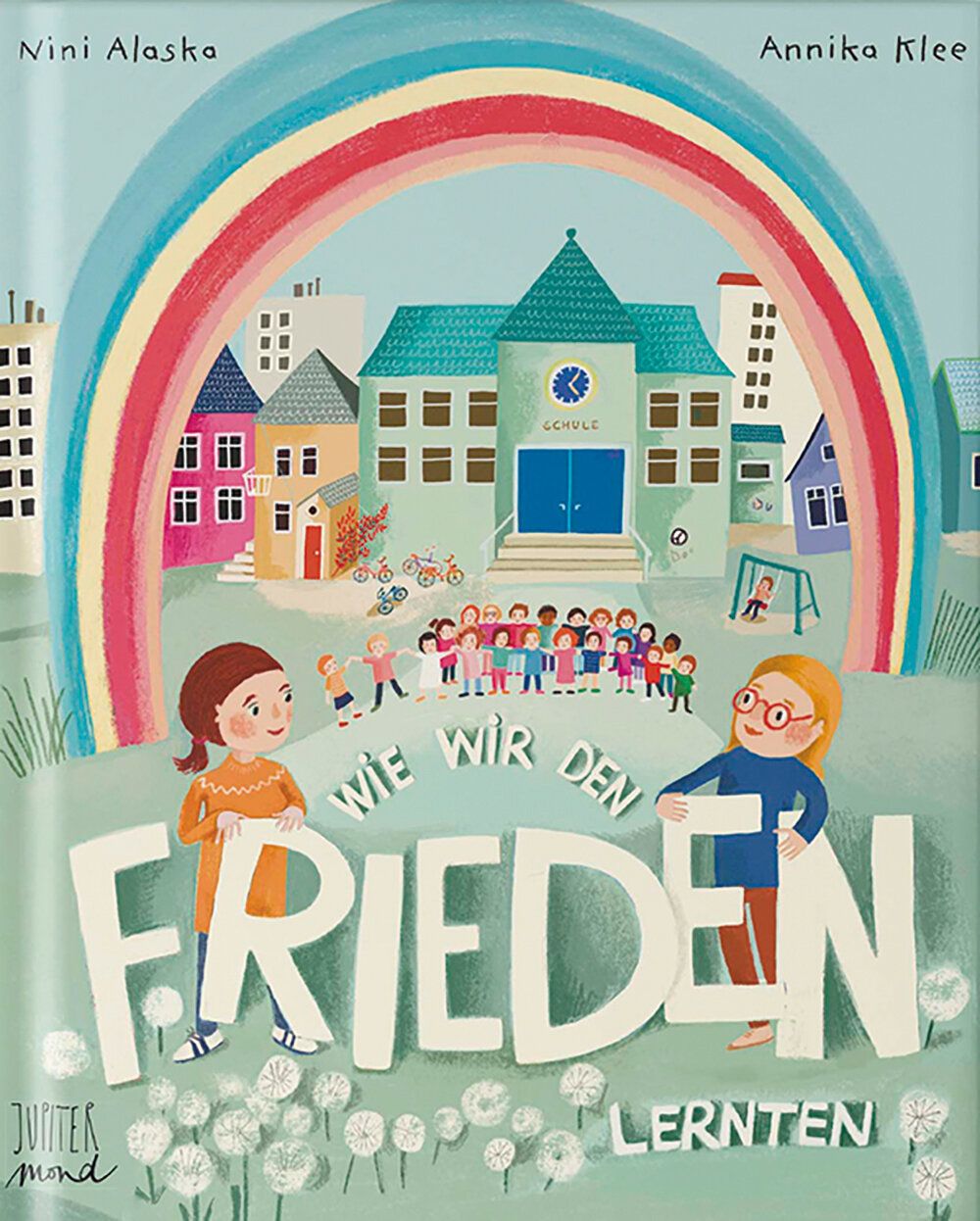 Illustration, Kinder unter einem Regenbogen