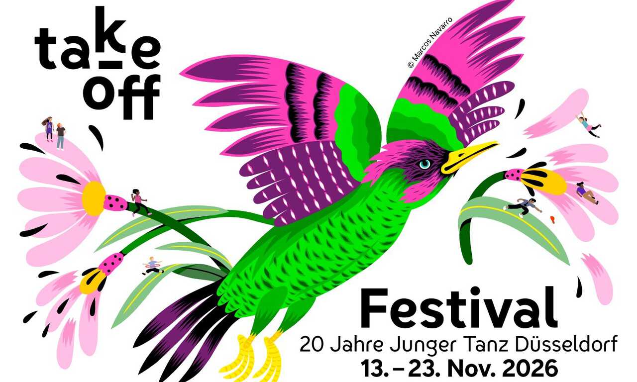 Illustration eines Vogels und Blüten mit Typografie
