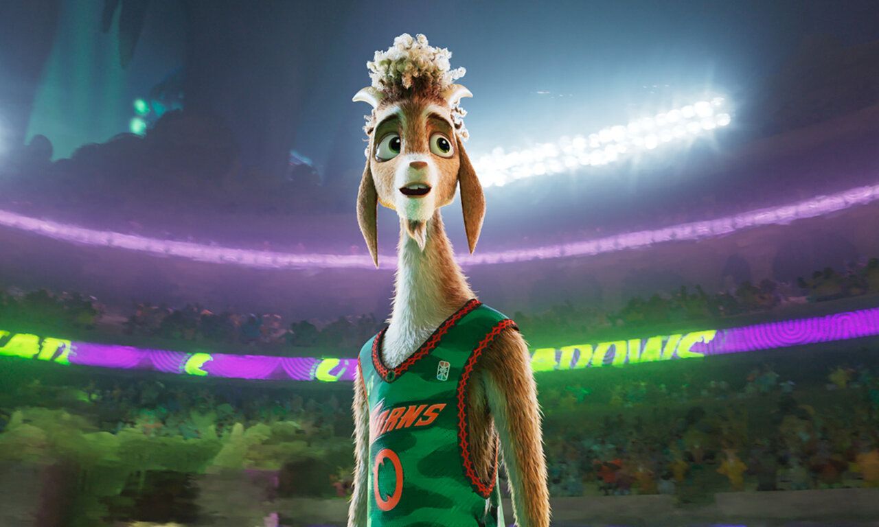 Szene aus dem Animationsfilm G.O.A.T. – Bock auf große Sprünge, ein Ziegenbock im Sportdress steht in einem Stadion und guckt erstaunt