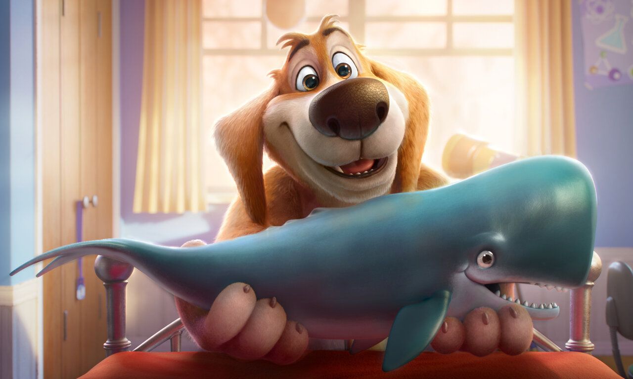 Szene aus dem Animationsfilm Charlie der Superhund,  ein Hund hält einen lachenden Wal in den Armen