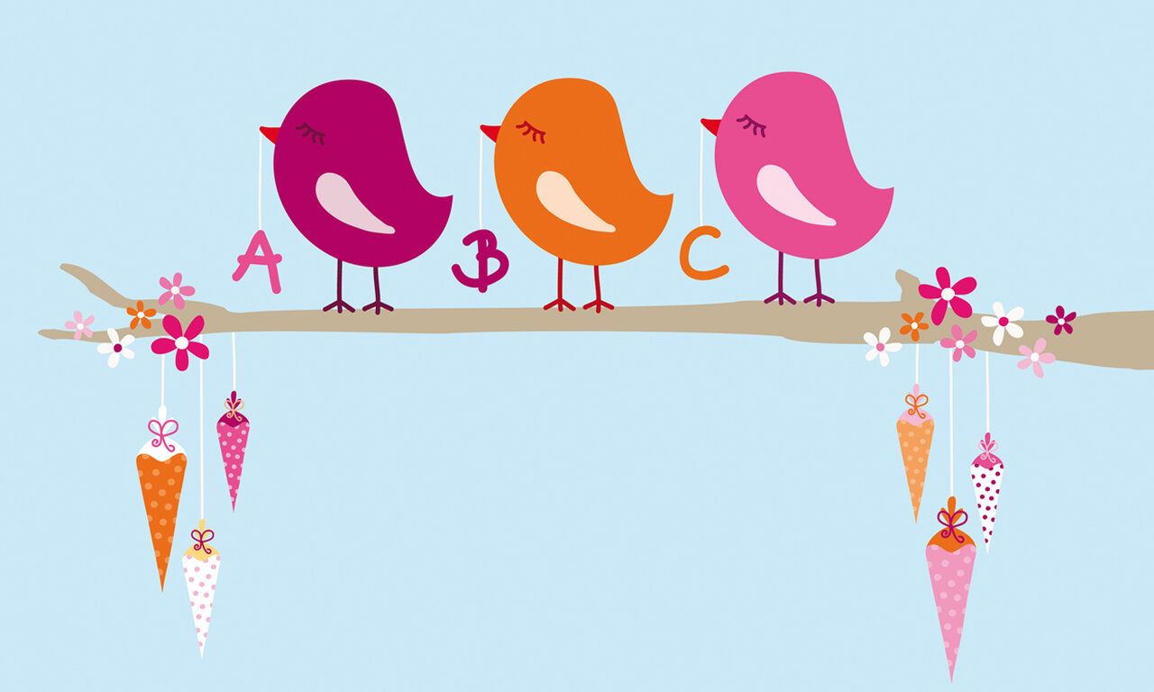 Drei Vögel mit Schultüten und ABC auf einem Ast illustriert