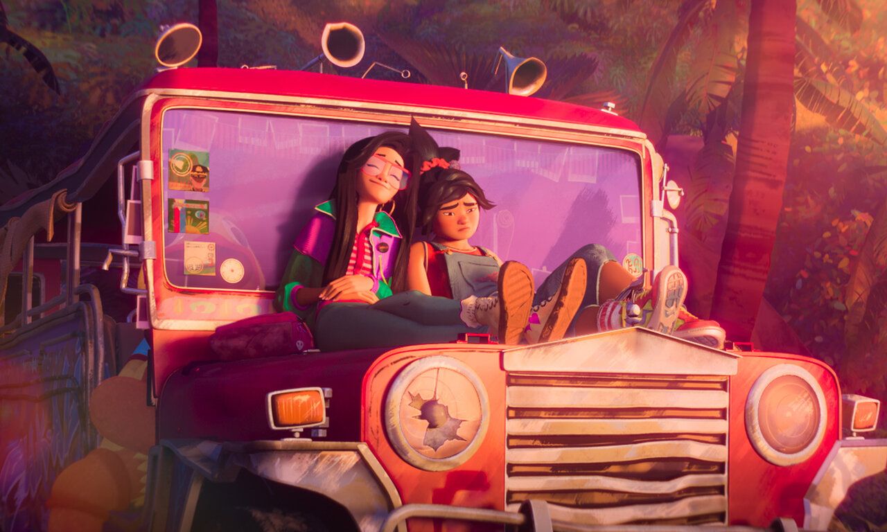 Szene aus dem Animationsfilm Forgotten Island, zwei Mädchen sitzen auf der Motorhaube eines Busses im Urwald