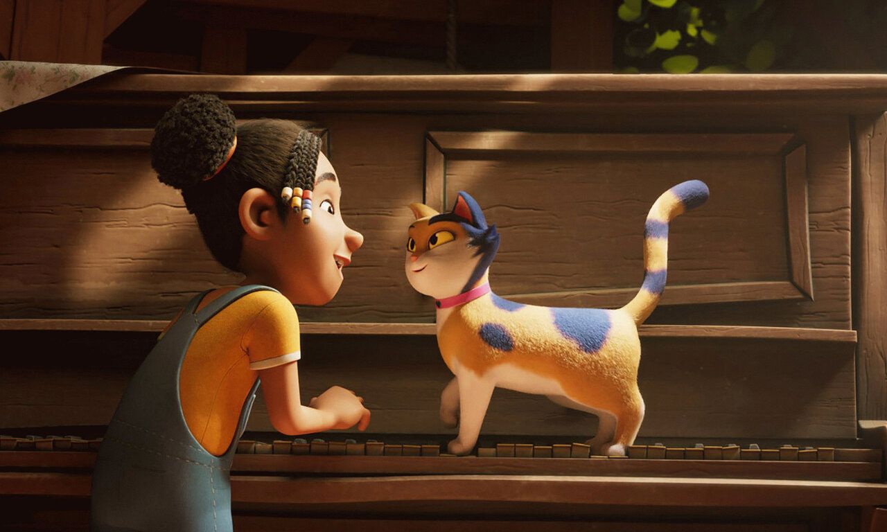 Szene aus dem Animationsfilm Miss Moxy, ein Mädchen steht an einem Klavier undspricht mit einer Katze, die auf dem Klavier steht