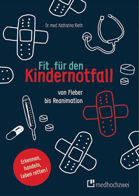 Titel des Buches Fit für den Kindernotfall, dunkelblau mit weißen Outline-Illustrationen von medizinischen Objekten wie Pflaster und Tabletten