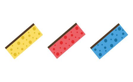 Illustrationen von drei Spülschwämmen in gelb, rot und blau, mit schwarzer Oberseite