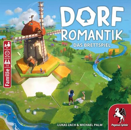Cover des Spiels Dorfromantik, illustrierte Landschaft mit Windmühle