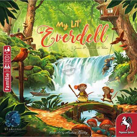 Cover vom Spiel My Lil’ Everdell, Illustration von Mäusen, Hasen und Frosch in einem Wald mit Wasserfall