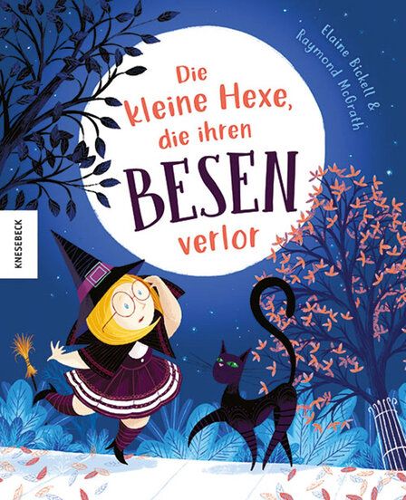 Titel des Bucher Die kleine Hexe die ihren Besen verlor, Illustration Hexe mit schwarzer Katze in der Nacht