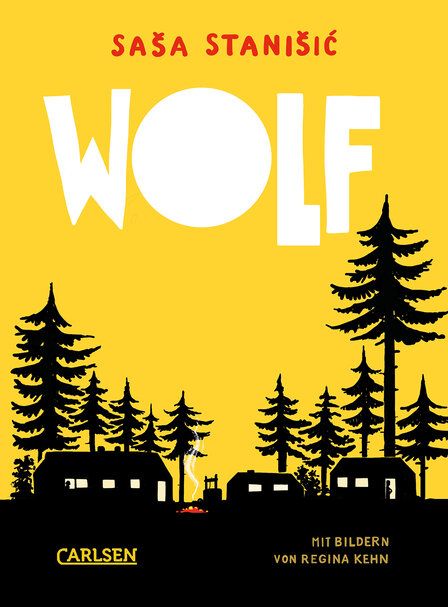 Cover des Buches Wolf, gelber Fond, darauf schwarze Umrisse von Häusern und Bäumen