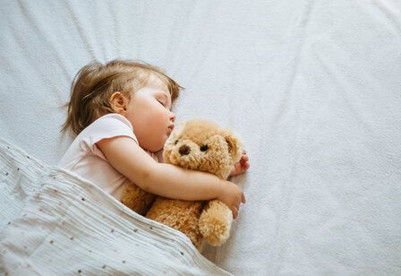 Kleinkind schläft mit Teddy im Arm