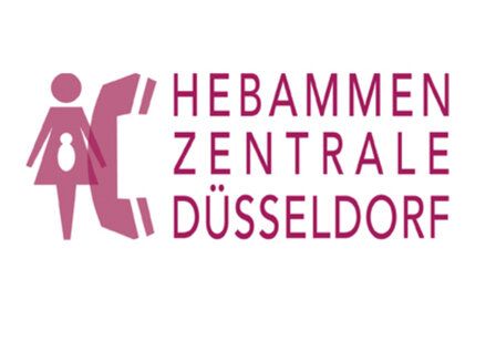 Logo der Hebammenzentrale: Icons von schwangerer Frau und einem Telefonhörer, rechts daneben Schriftzug: Hebammenzentrale Düsseldorf, alles in einem Rot/Violetten Farbton