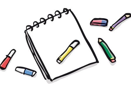 Illustration von Malzeug, Malblock, Stifte, Radiergummi