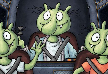 Die Olchis sitzen in einem Raumschiff und fliegen ins Weltall