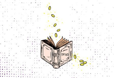 Illustration eines Buches, aus dem Goldtaler fliegen