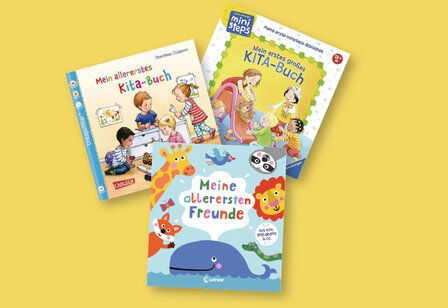 Drei Buchcover übereinander auf gelbem Hintergrund