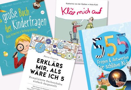 Vier Buchcover liegen wie zufällig neben- und übereinander, alle zum Thema Kinderfragen