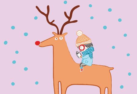 Illustration, Kind sitzt lesend auf dem Rücken eines Rentieres