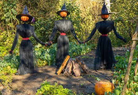 Drei Gespenster-Hexen im Garten mit Kürbiskopf