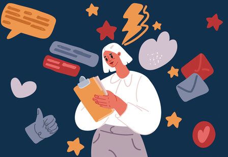 Vector-Illustration, Frau macht sich Notizen, um sie herum Symbole