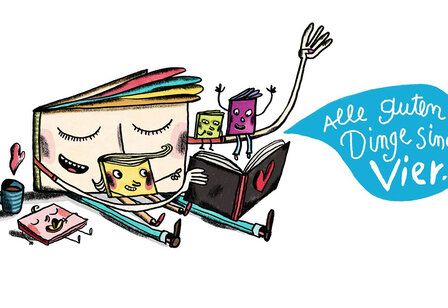 Illustration, große und kleine Bücher lesen ein Buch