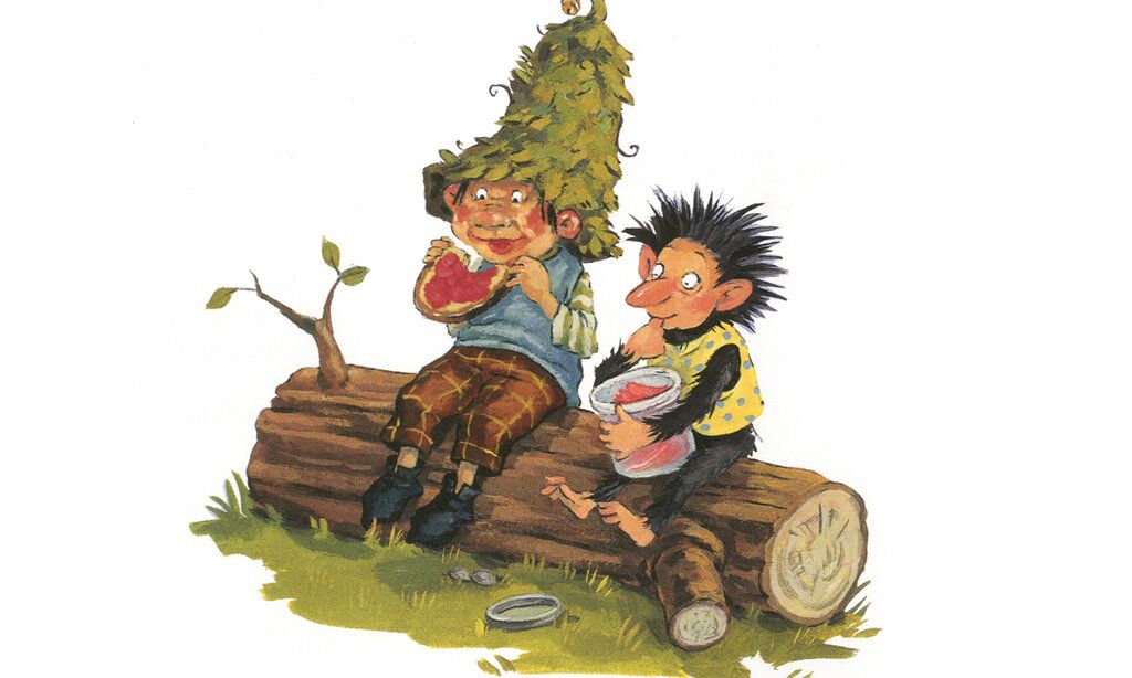 Illustration von zwei Männchen, die auf einem Baumstamm sitzen und essen