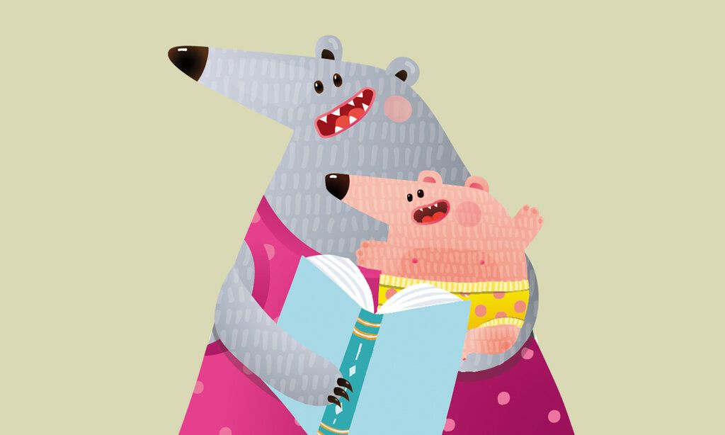 Illustration von Tiermutter und Tierkind mit Buch