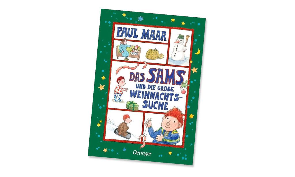 Buchtitel „Das Sams und die große Weihnachtssuche“ von Paul Maar, illustriert, Weihnachtsmotive, Sams, Schneemann, Kind, Geschenke