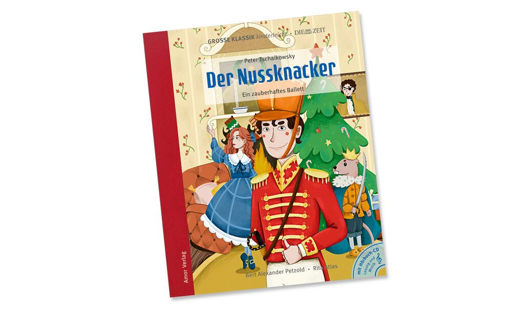 Buchtitel „Der Nussknacker“ von Bert Alexander Petzold und Rita Atlas, illustrierter Nussknacker, Ballettpuppe, Nagetier vor Weihnachtsbaum im Wohnzimmer