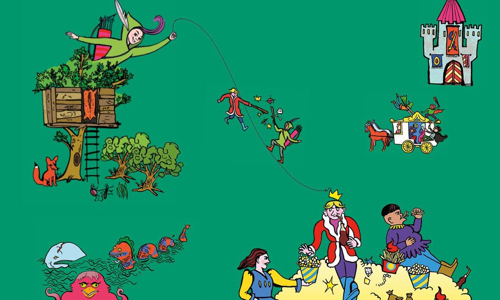 Szenen aus Robin Hood illustriert auf grünem Hintergrund