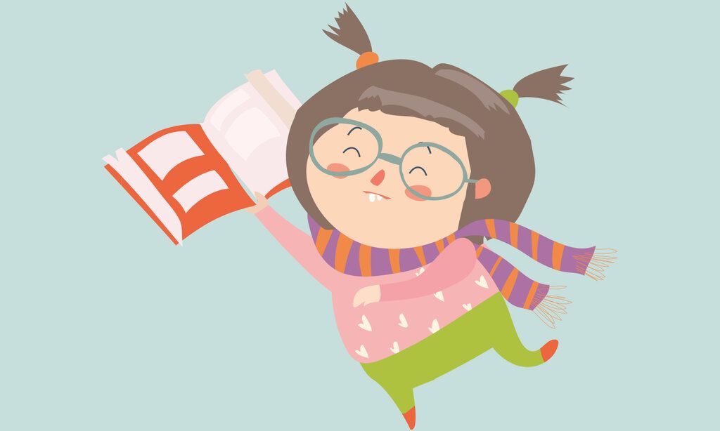 Illustration eines kleinen Mädchens mit Brille und Buch, hüpft erfreut
