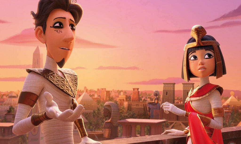 Animationsfilm, Schöner Mann und schöne Frau – Mumien – stehen auf einer ägyptischen Dachterrasse, im Sonnenuntergang