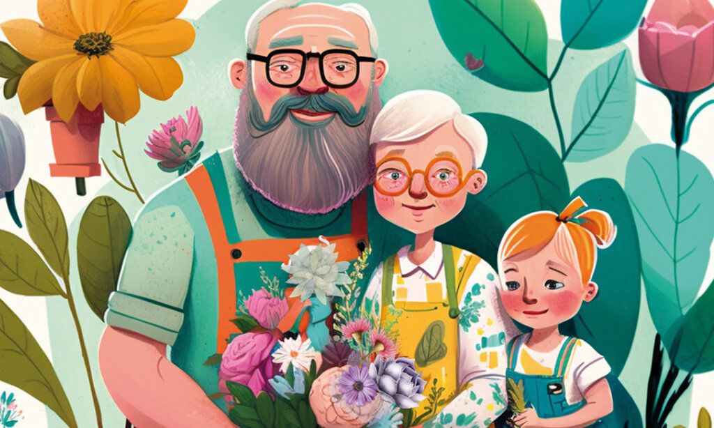 Illustration von Großeltern und Enkelin bei der Gartenarbeit, mit Blumen in der Hand und im Hintergund