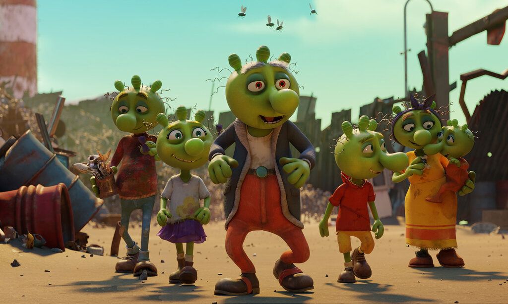 Animationsfilm, Die Olchi-Eltern laufen mit ihren Kindern durch Schmuddelfing