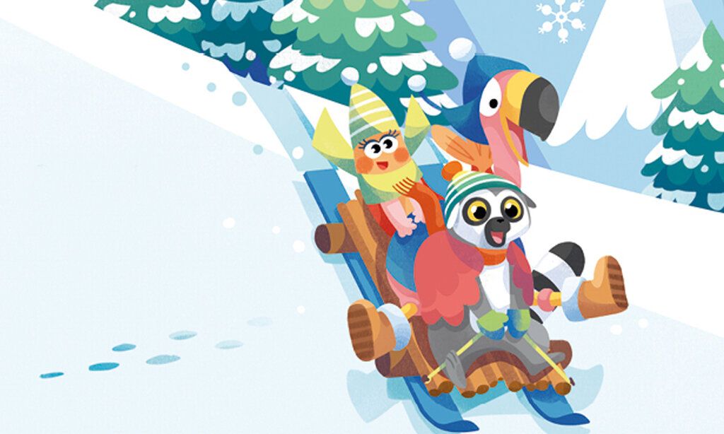 Illustration, Lemur Katta fährt mit einem Flamingo und einem anderen Tier auf einem Schlitten den Berg runter