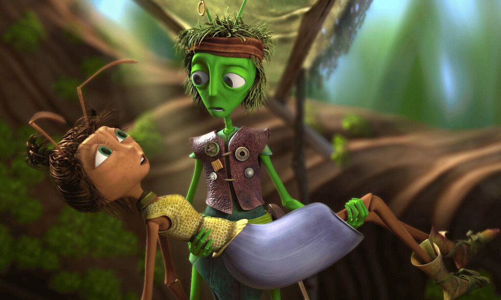 Animationsfilm, grüner Ameisenmann, der aussieht wie Sylvester Stallone, trägt eine Ameisenfrau, im Hintergrund Wald