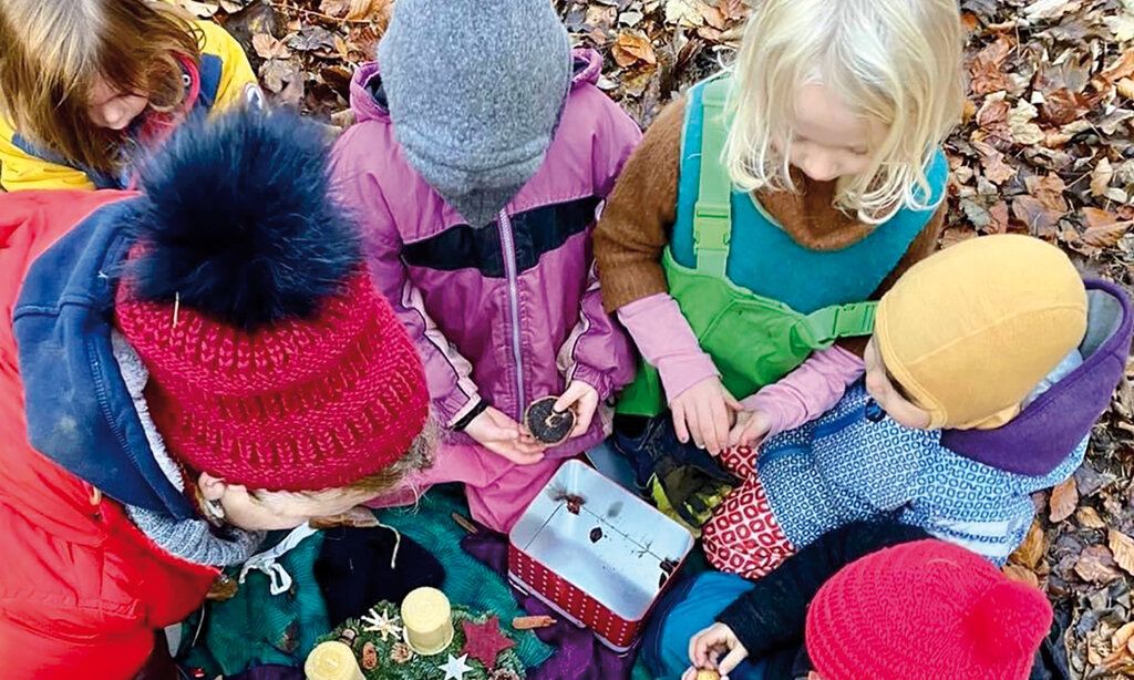 Kinder von oben fotografiert, die im Laub sitzen, in der Mitte eine Keksdose und ein Adventskranz