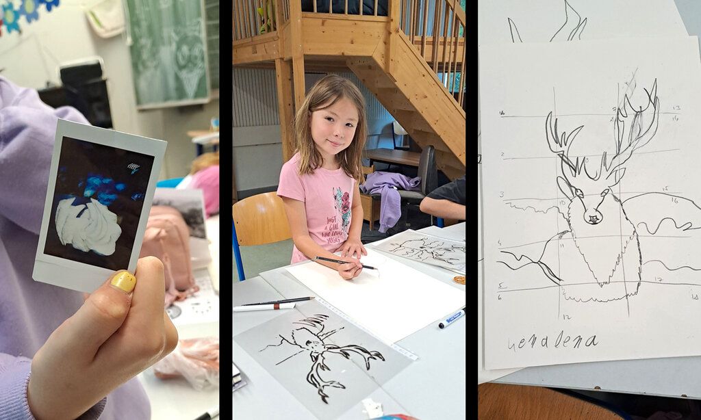Bild ist dreigeteilt, links: eine Kinderhand hält ein Polaroidfoto in die Kamera, mitte: ein Mädchen zeichnet und schaut den Betrachter an, rchts: Outlinezeichnung eines Hirschen