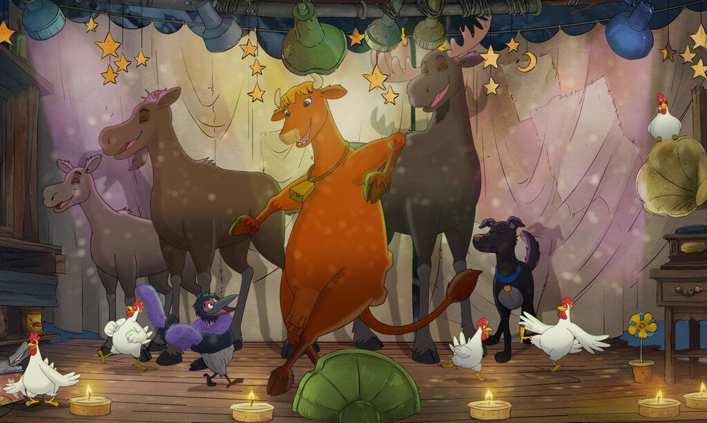 Zeichntrick, Bauernhoftiere tanzen in einem Raum, der weihnachtlich geschmückt ist