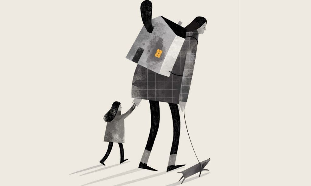 Illustration: Eine Mutter läuft mit Hund uns Kind, auf dem Rücken trägt sie ein Haus, traurige Stimmung
