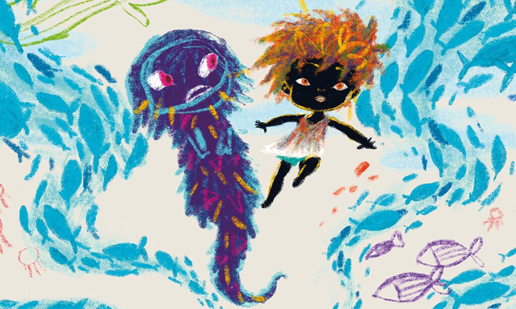 Wachsmalstift-Zeichnung von einem Kind und einem Unterwasserwesen